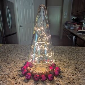 VTG Christmas Tree Shaped Thick  Glass Globe W Metal Bells & Fairy Lights 13.5"